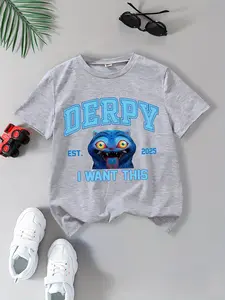 Kpop Demon Hunters Boy Toddler Derpy Blue Cat Print T-Shirt, Fun Text Pattern Casual Short Sleeve Top, Fitted Style