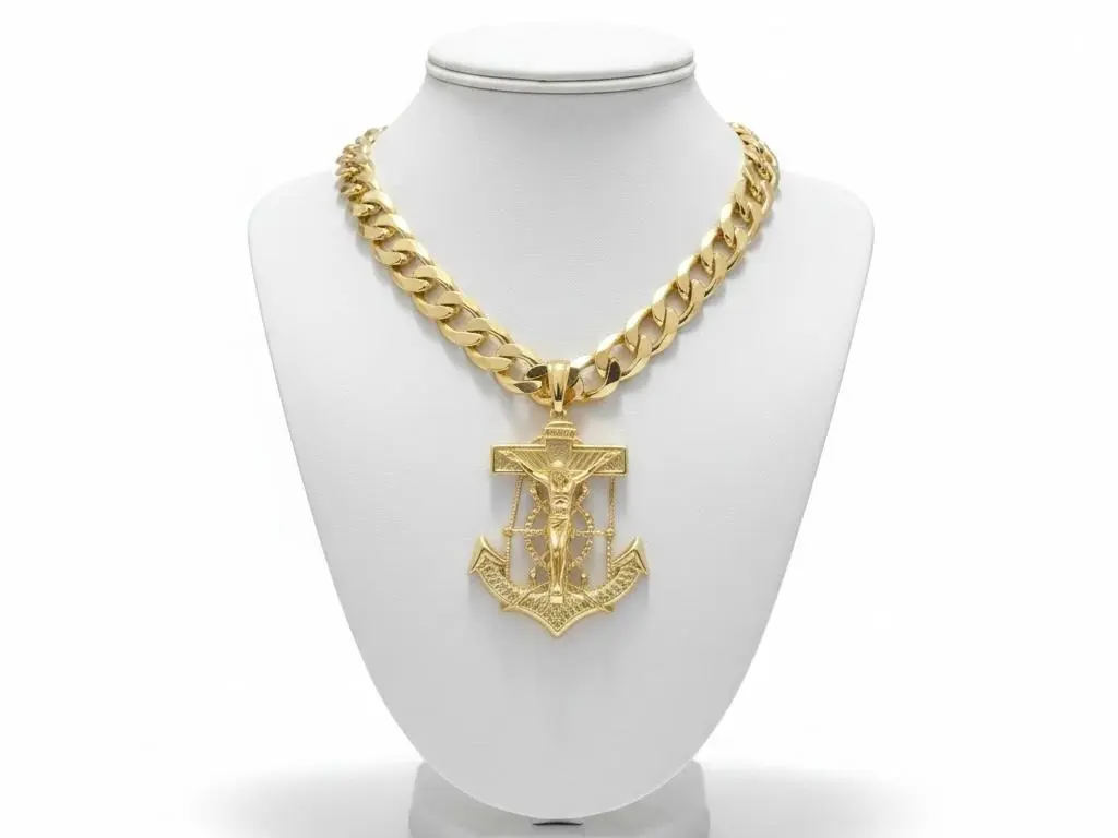 Gold-Plated Costume Jewelry Necklace, Chain #226 (10mm Thickness) with Anchor & Cross Pendant #351