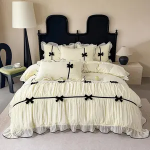 Chic Princess Style Ruffle Bedding Set with Bowtie, Girls Lace Full Duvet Cover Set, 1 Duvet Cover & 2 Pillowcases, No Comforter