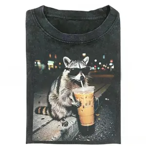 Limited-time sale with up to 70% discount] Funny raccoon drinking iced coffee T-shirt, animal expression pattern T-shirt, unisex gift, women's cotton top, street style quirky humor unisex T-shirt, fashionable, trendy, casual and comfortable