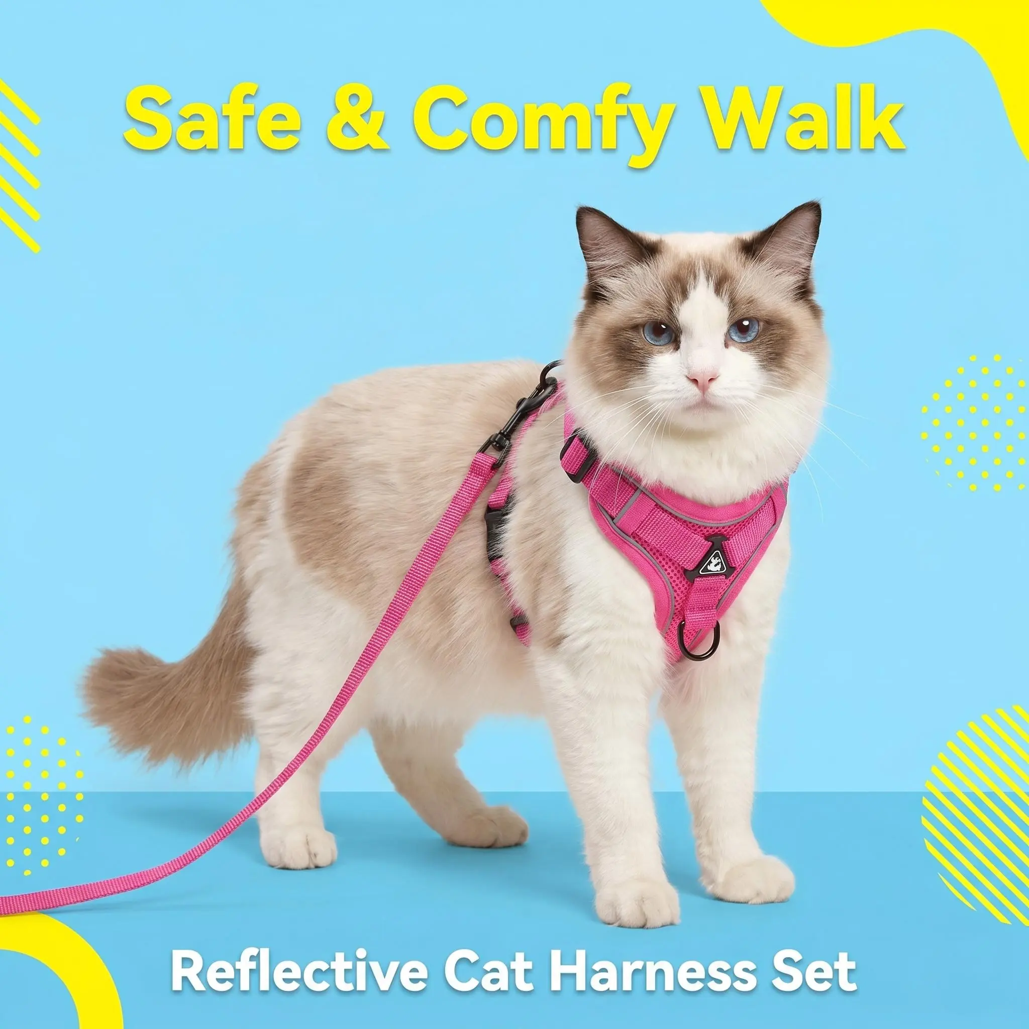 Cat Vest-Style Mesh Pet Chest Harness for Small/Medium Cats, Anti-Slip Grip Traction Rope, Full Body Reflective Edging for Night Safety, Snap-On Adjustable Structure for Daily Outdoor Strolls