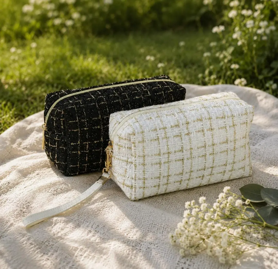 Atelier Cosmetic Bag — Textured Woven Black & White with Gold Accents