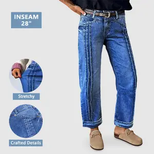 Flamingals Wash Pleated Roll Hem High Rise Straight Leg Jeans Womenswear