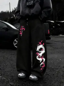 Men's Oversized Baggy Sweatpants Japanese Dragon Cherry Blossom Floral Print Streetwear Street Style Y2K Wide Leg Trousers | Trendy Goth Pants for Casual Street Comfy Outfits, Hip Hop Loose Fit Joggers with Drawstring Waist | Vintage Aesthetic Loungewear
