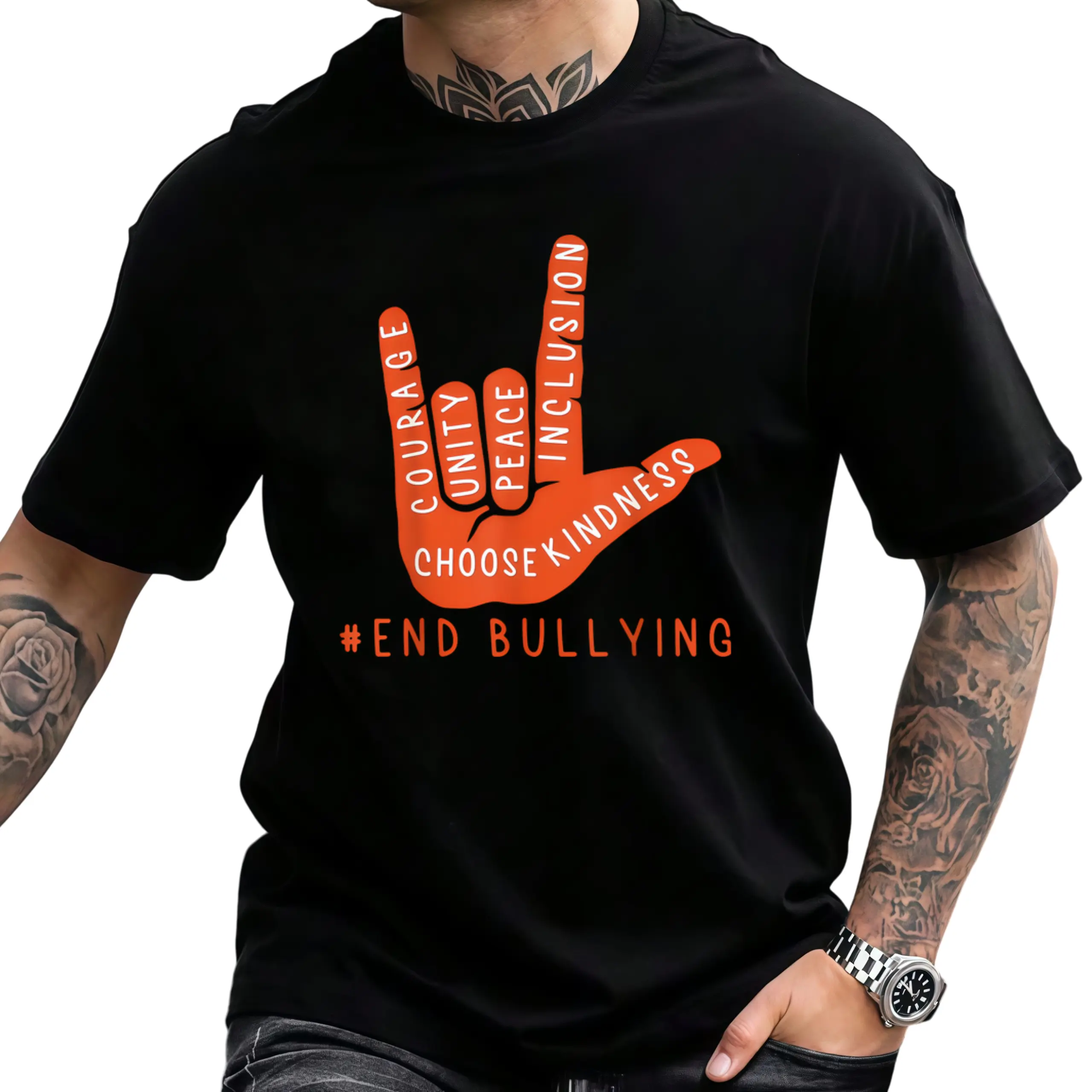 Men's Anti-Bullying Awareness T-Shirt - Unity Day Graphic Tee with Love Sign Language, #ENDBULLYING Message - Heavyweight Shirt for Advocacy, Schools, Workplaces