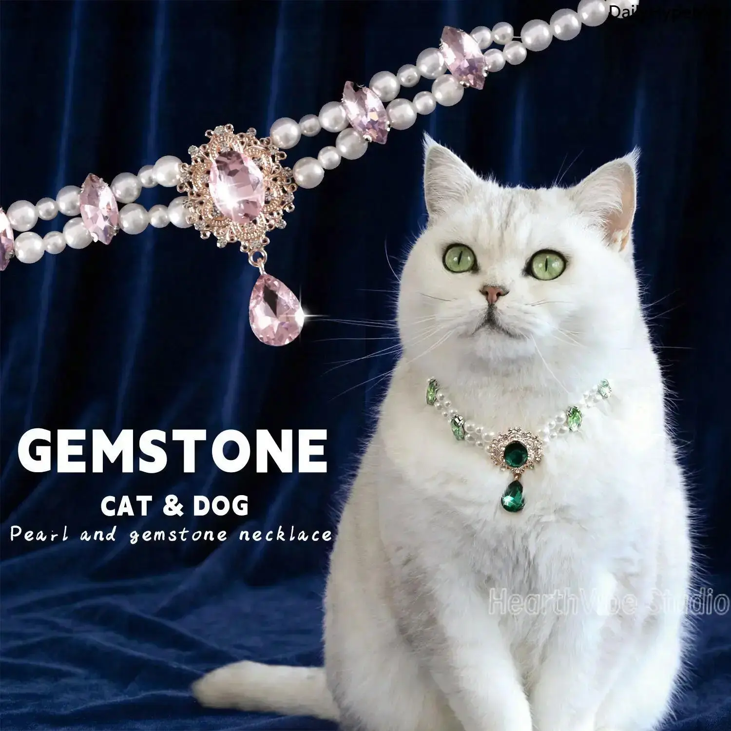 Luxurious Faux Pearl Pet Necklace with a Gemstone Crystal Heart Pendant, Fashion Costume Accessory for Cats and Small Dogs, Glamorous, Daily, Pearl Beads