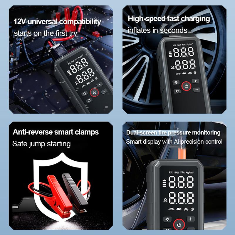 6000mAh Portable Car Jump Starter Air Compressor Wireless USB C Rechargeable with Power Bank LED Light 3 Lighting Modes Compact Lightweight Quick Inflation Tool for Cars Motorcycles Bikes Phones Home Road Trip Emergency Use