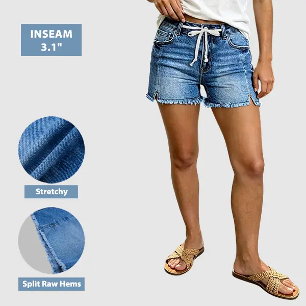 Flamingals Wash Split Raw Hem Drawstring Mid Rise Denim Shorts Womenswear Stretchy 3.1" Inseam Summer