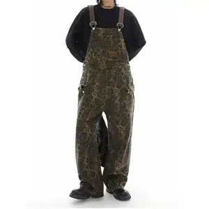 Vintage Leopard Cargo Pants - Adjustable Strap & Wide Leg |   Blended Fabric Overalls
