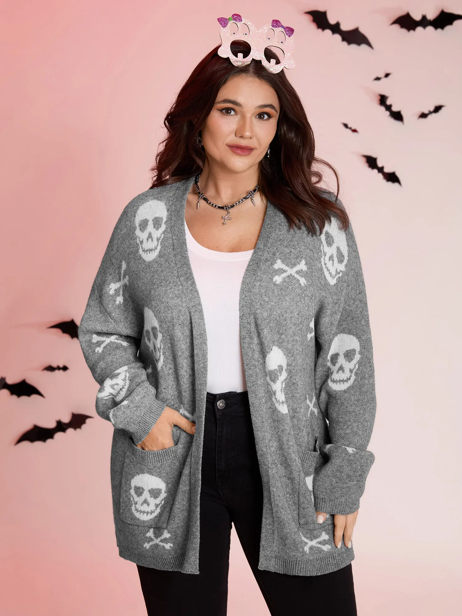 BLOOMCHIC Halloween Skull Pattern Open-Front Knit Cardigan with Kimono Collar Long Sleeve Drop Shoulder Fitted Winter Knitwear for Women Mediumgray Casual Fashion Top Womenswear Pocket Knitting,Summerfinds