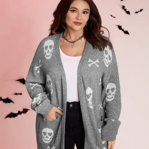 BloomChic Plus Size Women's Knitted Halloween Skull Print Cardigan - Long Sleeves, Open Front, Drop Shoulder, Pockets, Casual Goth Clothes, Knitwear, 18-20/2X-M-6X, 45% Viscose, Spooky Fall Wear, Low Iron, Hand Wash Only, No Dry Clean, Flat Dry