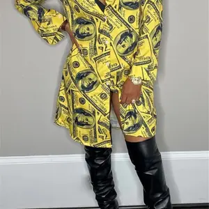 Money Print Shirt Dress Casual Collared Womenswear Fit Comfortable
