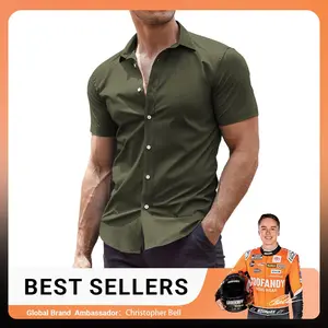 Coofandy Men's Olive Green Fitted Short Sleeve Shirt - 4-Way Stretch Spandex Fabric, Machine Washable, Casual & Work Wear, Best Sellers - Stretchable