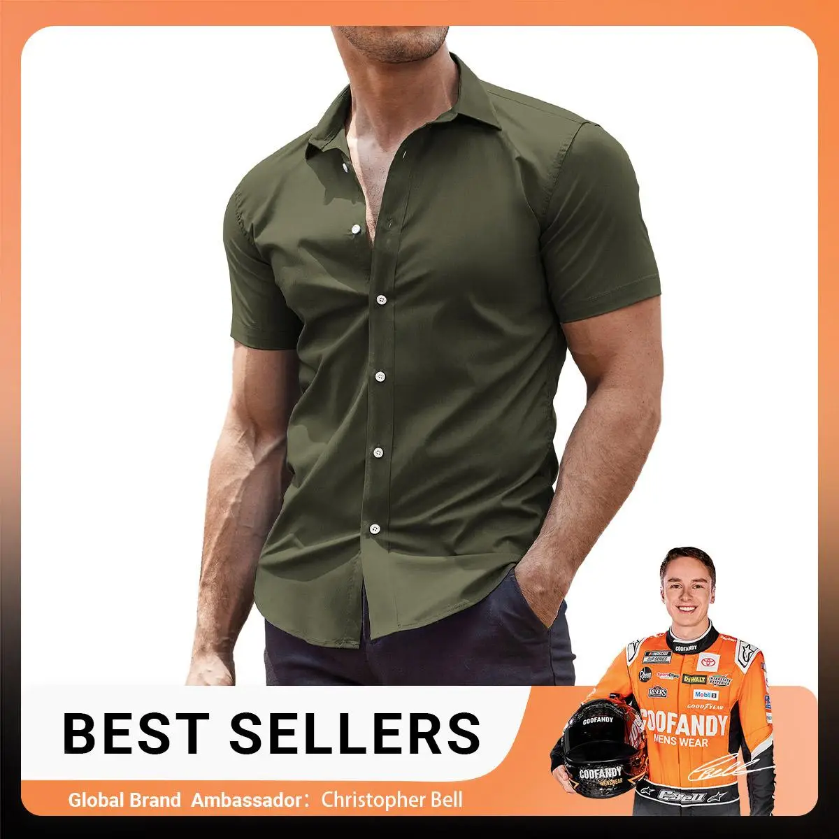 Coofandy Men's Olive Green Fitted Short Sleeve Shirt - 4-Way Stretch Spandex Fabric, Machine Washable, Casual & Work Wear, Best Sellers - Stretchable