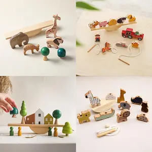 Baby Multifunctional Wooden Educational Early Learning Toy, Threading & Color Recognition Stacking Seesaw Toy