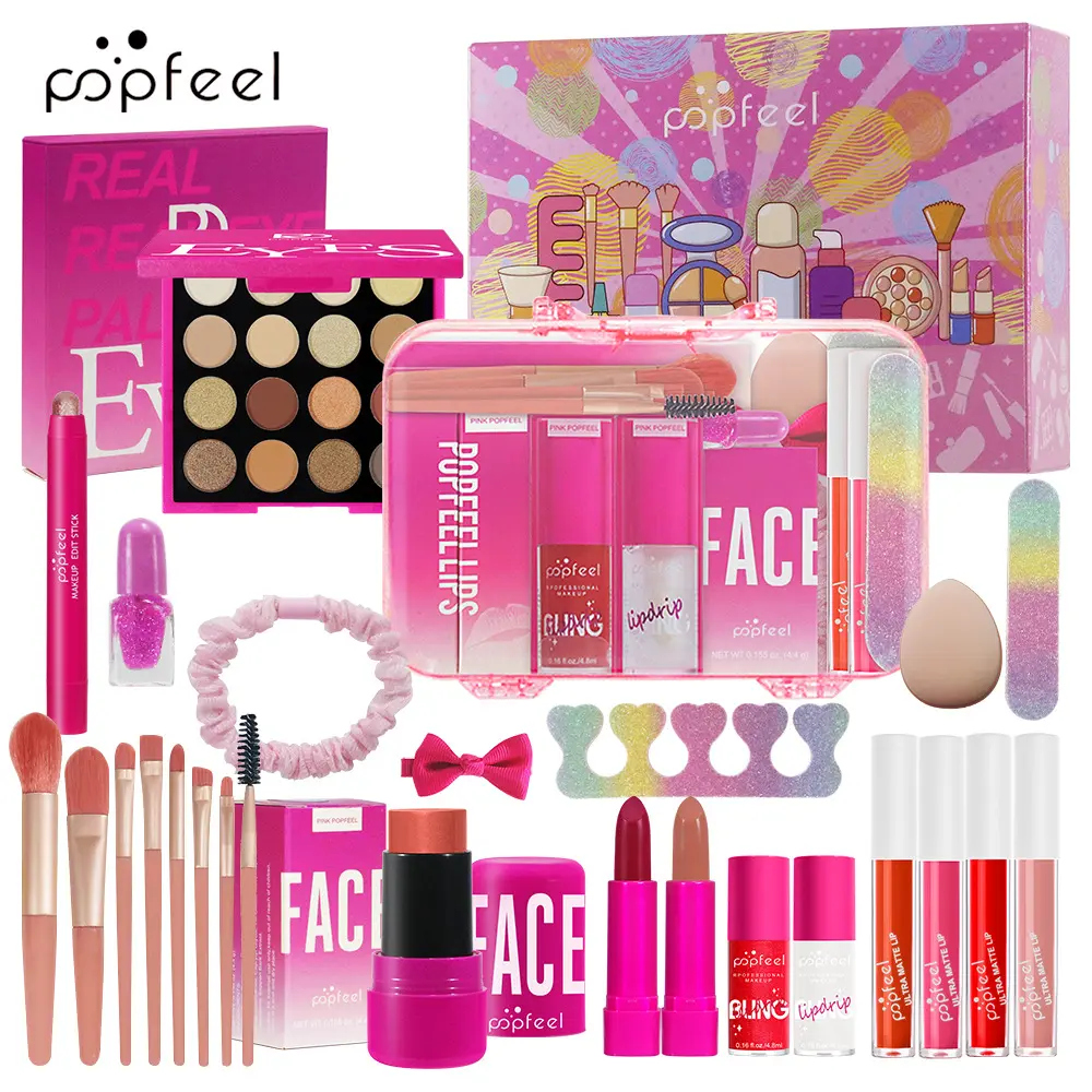 POPFEEL Beginner Makeup Set, Makeup Ritual Set - Face Makeup Sets - Lip Cosmetic Set - All-in-One Beauty Bundle Kit with Eye Shadow Palette, Smudge-Proof Eyeshadow Stick, Cleanser & Hairband for Stage & Travel, Light Makeup Gift for Students