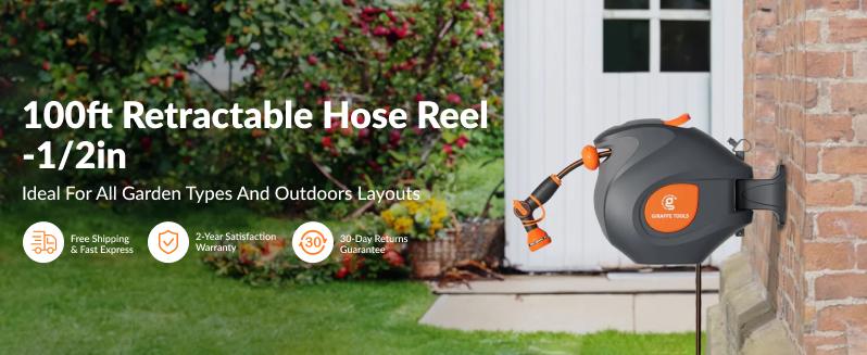 Giraffe Tools Retractable Garden Hose Reel 100FT Garden Water Hose Reel, Automatic Rewind System, 3-layer-hybrid hose, Lock at any lenghth Tangle-Free Kink-Free, 9-Pattern Nozzle, 180° Swivel Bracket Wall-Mounted