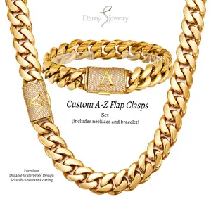 14mm Miami Cuban Link Necklace Bracelet Set 18K Gold Plated Cuban Link Initial Letter A-Z Custom Engraved Flip Clasp Stainless Steel Solid Heavy Miami Cuban for Mens Womens Hip Hop Jewelry Trendy