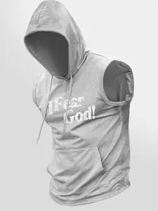 Men's Fashion Hooded Tank Top, I Fear God Vintage Letter Print, Loose Street Style Sleeveless Sweatshirt, Unique Statement Design, Men's Trendy Gift