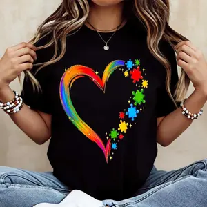 Casual Loose Fit T Shirt With Rainbow Heart And Puzzle Pieces Print For Autism Awareness Daily Wear
