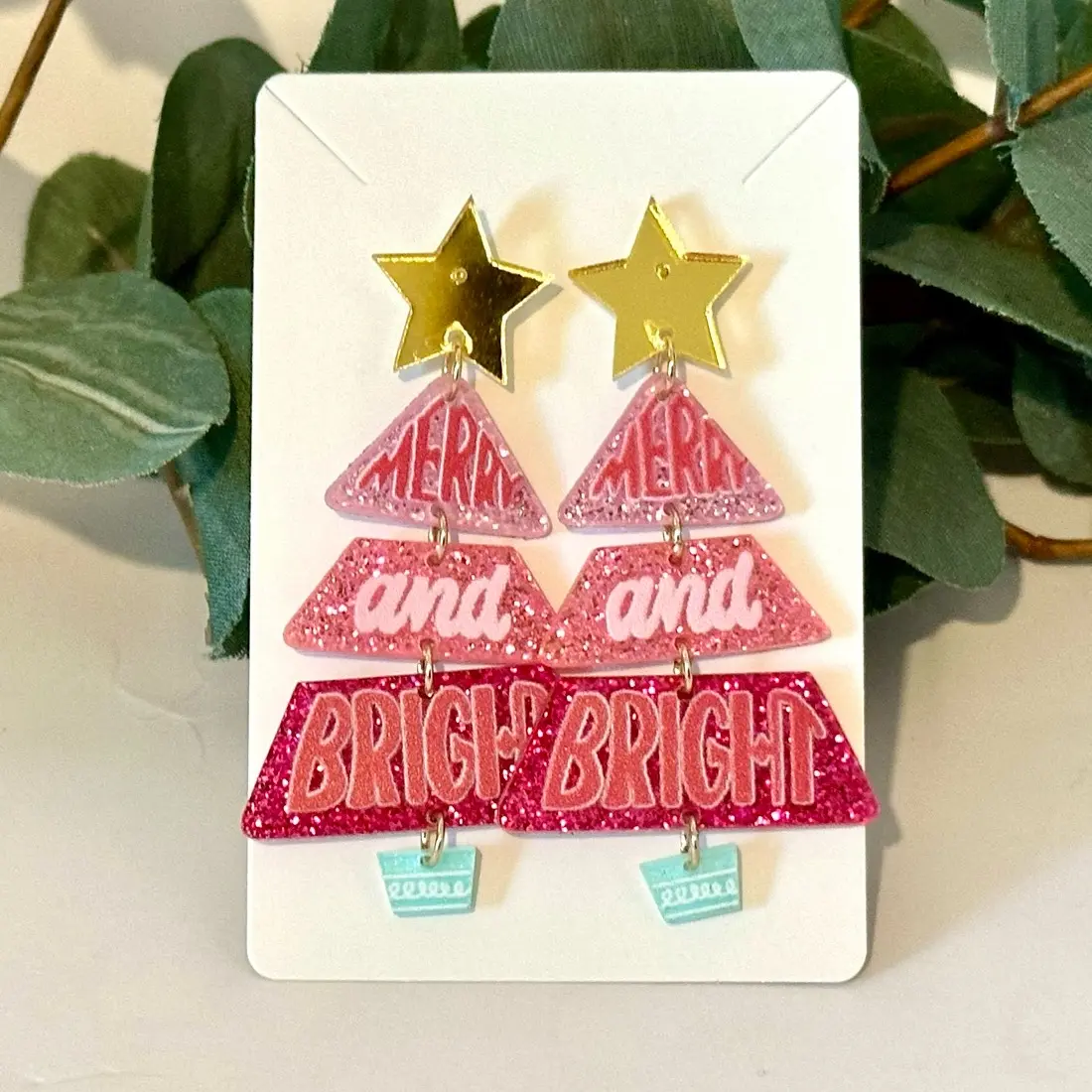 Large Pink Merry and Bright Christmas Tree Dangle Earrings