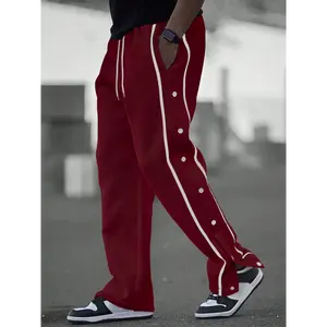 1pc Men'S Casual Sport Style Straight-Leg Pants With Snap Button Detail, Polyester Mid-Waist Solid Color Trousers, Non-Stretch Fabric, Regular Fit