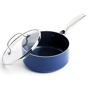 Nonstick 2QT Saucepan with Lid, Non Toxic PFAS-Free Diamond Ceramic, Dishwasher & Oven Safe, Metal Utensil Safe Pot, Stay Cool Handle, Chef Pan, Glass Lid, Blue.