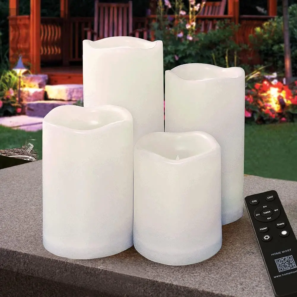 t of 4 White Outdoor LED Pillar Candles 3x4 3x5 3x6 3x7 with Timer and Remote - IP65 Waterproof Battery Operated LED Pillar Candles - Flickering Flameless Pillar Candles Unscented Outside