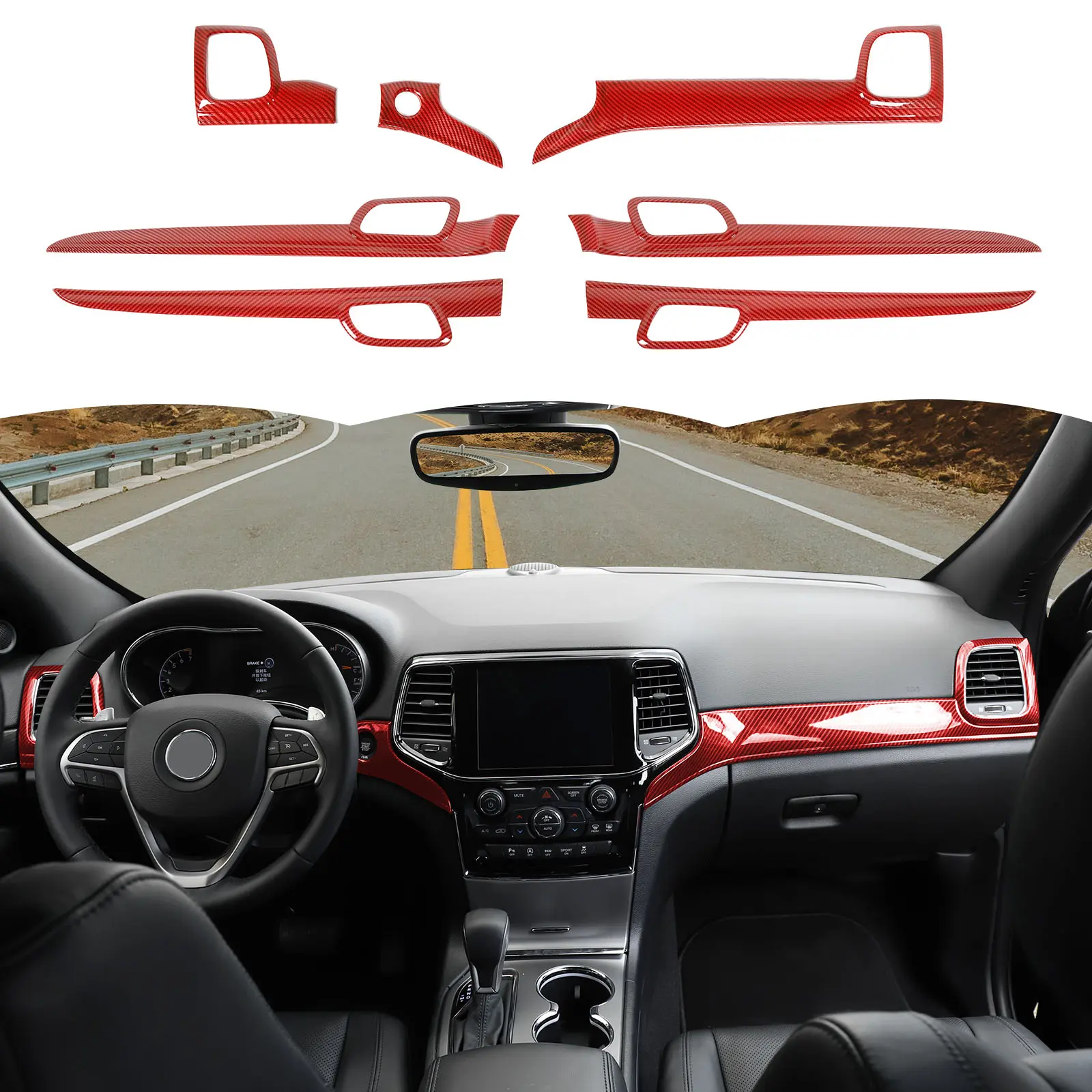 7-Piece Self-Adhesive ABS Carbon Fiber Red Dashboard Panel Trim & Door Handle Cover Kit, Scratch-Protective Car Interior Stickers Decals, Car Accessories Interior for 2011-2021 Jeep Grand Cherokee WK2