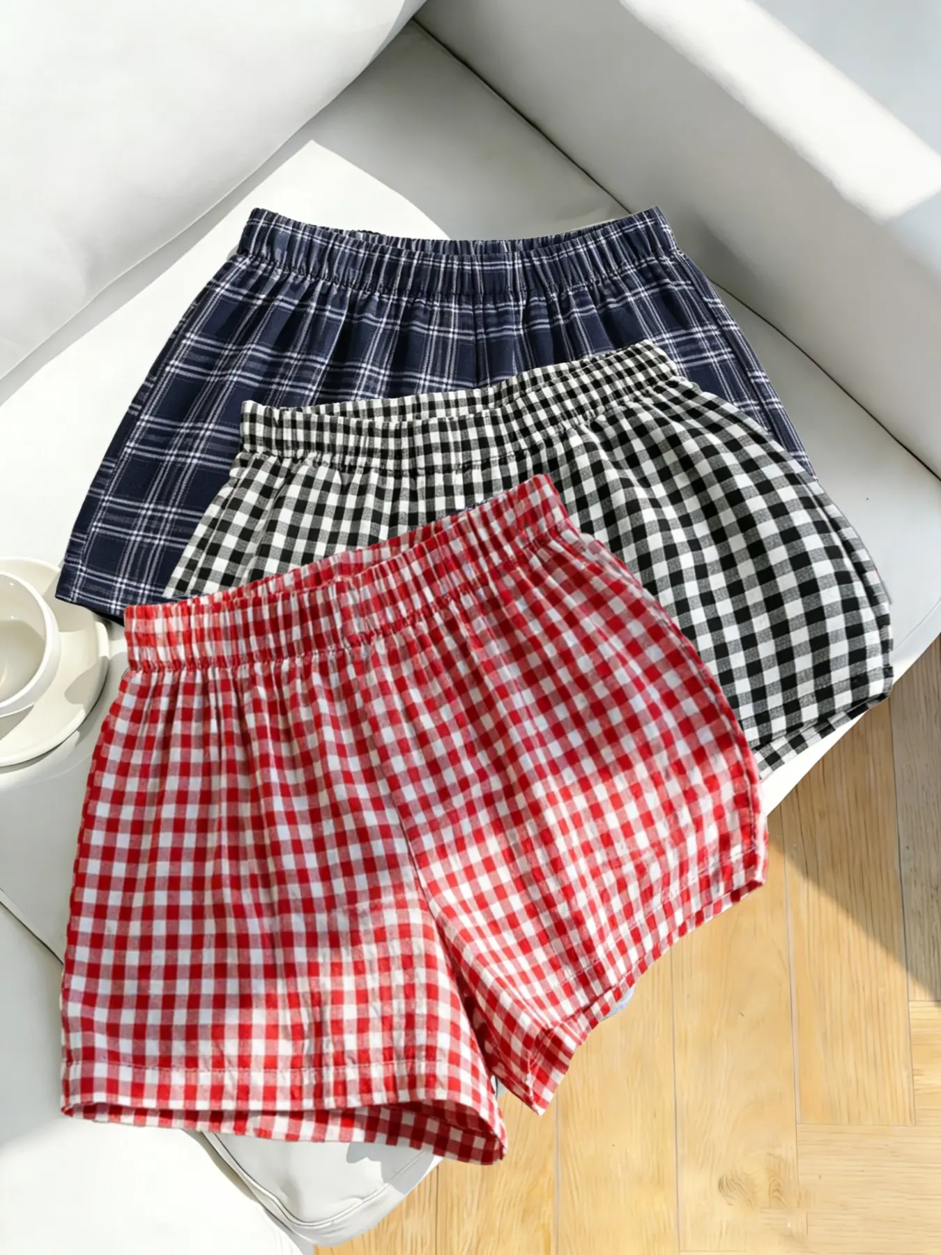 3-Pack Summer Women's Plaid Print Casual Relaxed Elastic Waistband Shorts, Casual Fashionable Shorts, Loose-Fit Elastic Waist, Daily Wear Sporty Bottoms, Comfortable & Stylish