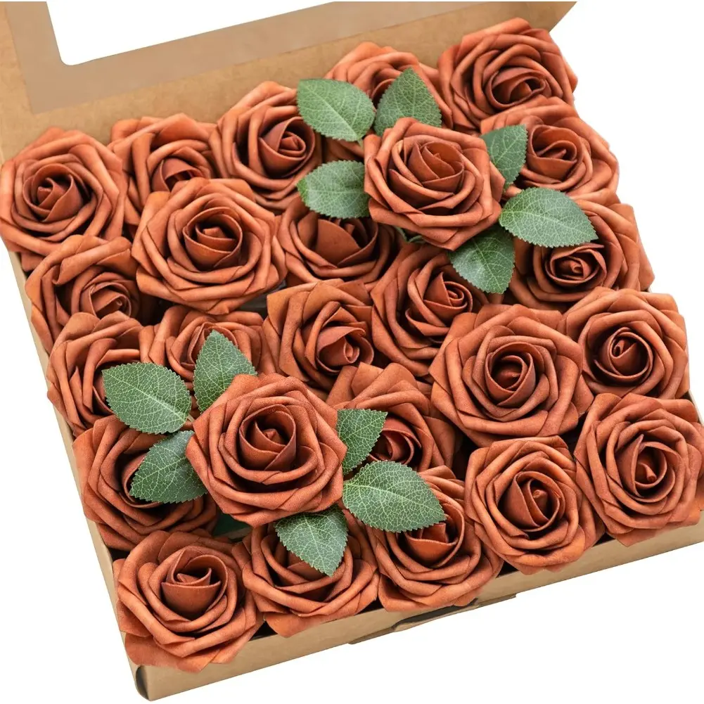 50pcs Foam Roses with Stem - Orange Decorative Artificial Flowers for DIY Wedding Bouquets, Autumn Home Ornaments, Gift for Holiday Decor