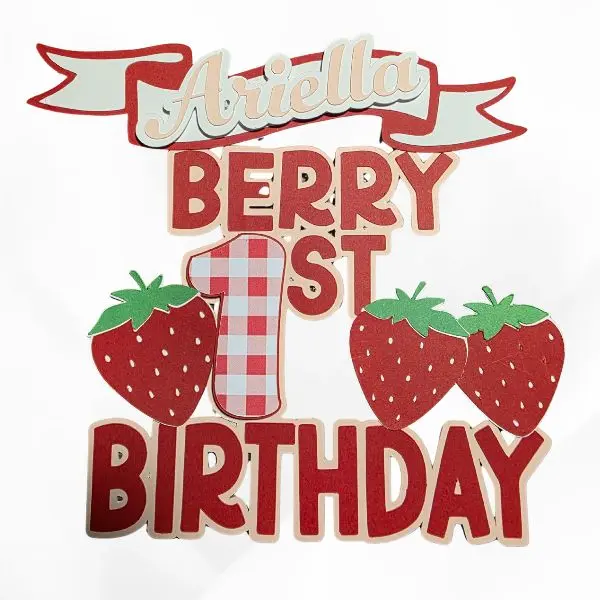 Berry 1st Birthday Cake Topper Personalized Ariella Design with Strawberries and Plaid Number 1 for First Birthday Celebration
