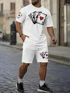 Poker Ace Full Print Men's 3D Digital Printing Two-Piece Set, 2Pcs, Trendy and Fashionable Set, Trendy Retro Casual Two-Piece Set, Vacation Style Trendy Outfit, Breathable Sports Casual Style, a Perfect Holiday Gift for Men