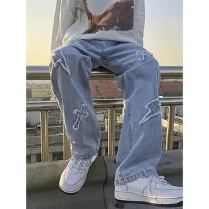 Men's Distressed Cross & Lightning Embroidered Jeans - Casual Cotton Denim with Pockets, Machine Washable Pants Streetwear Menswear Trouser