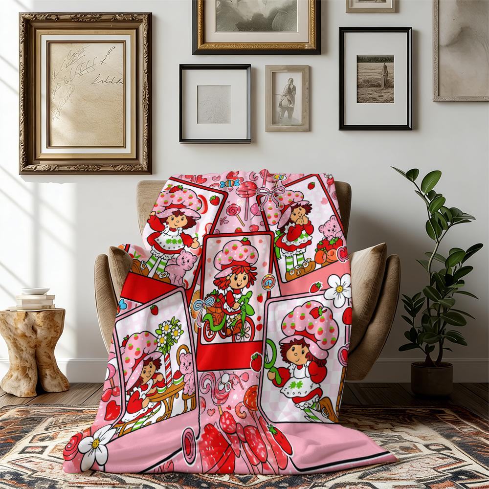 Strawberry Shortcake Flannel Throw Blanket, Sweet Strawberry Girl & Cat Design, Cartoon Pattern Blanket, Soft Lightweight Cozy, child Room Sofa Decor, Nostalgic Gift Suitable for all four seasons A gift suitable for fans, friends and children