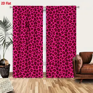 2D Flat 2-Piece Curtain Set, Window Curtain, Bright Pink Background with Repeating Leopard Print Pattern, Dark Pink/Black Spots and Varying Oval Markings, Vibrant Stylized Animal Print Texture for Bedroom Living Room Decoration