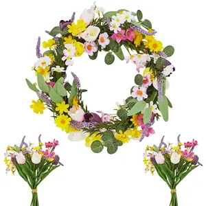 Spring Wreaths for Front Door Tulip and Lavender Wreath with 2 Flower Bouquets, Artificial Floral Door Decor, Easter Farmhouse Wall Porch Window Spring Home Decoration