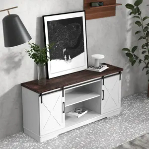 Tall Grey & White Farmhouse Shoe Bench Storage Cabinet, Sliding Barn Door Entryway Bench with Storage, Multi-Use Media Console for Home