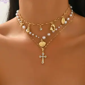 Women’s Ocean‑Inspired Dolphin Starfish Scallop Imitation Shell Pendant Necklace, Imitation Pearl Cross Chain, Trendy Beach‑Themed Versatile Fashion Jewelry for Summer Daily Wear & Vacation Styling