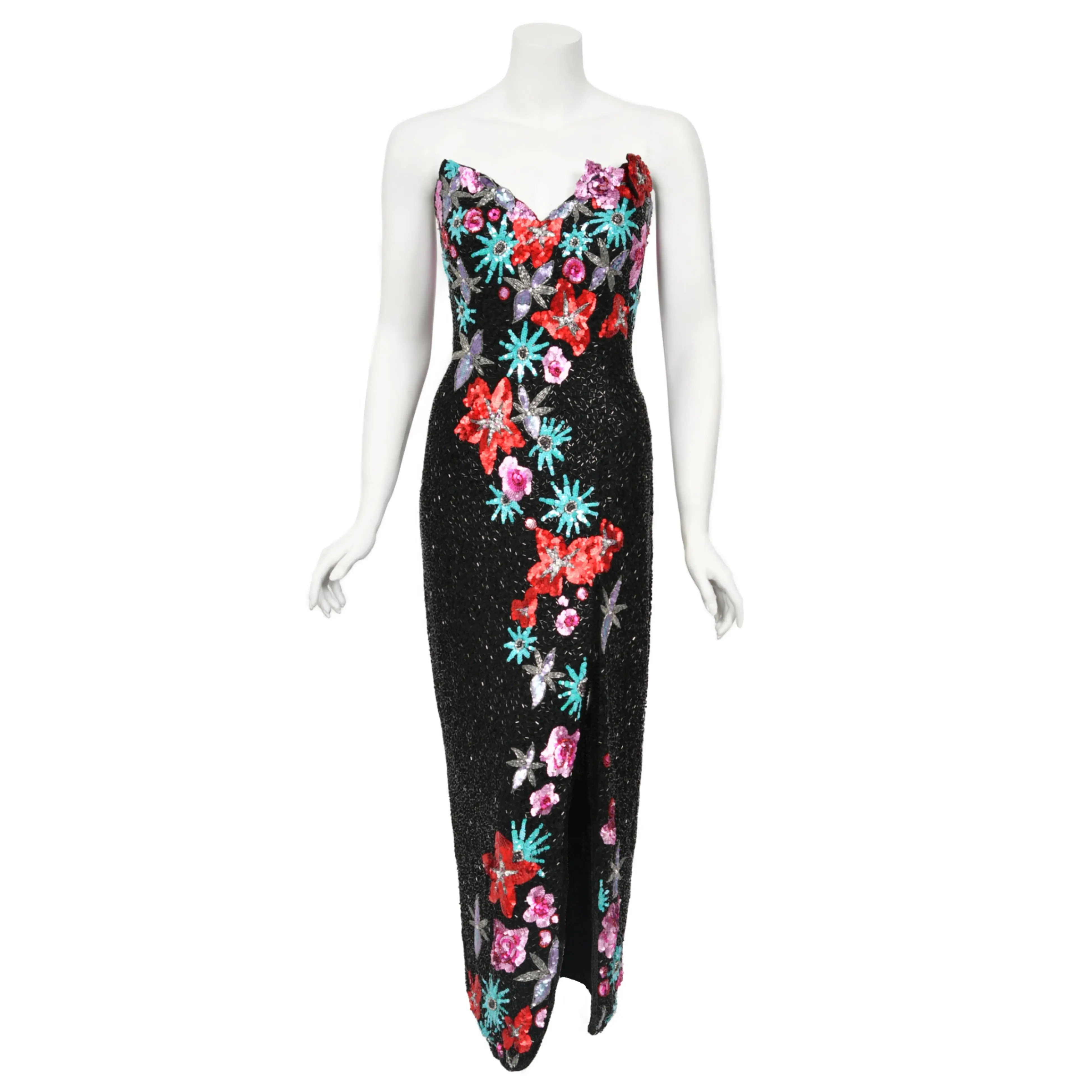 1990's Bob Mackie Fully Beaded Floral Motif Strapless Bustier High-Slit Gown  - TikTok Shop