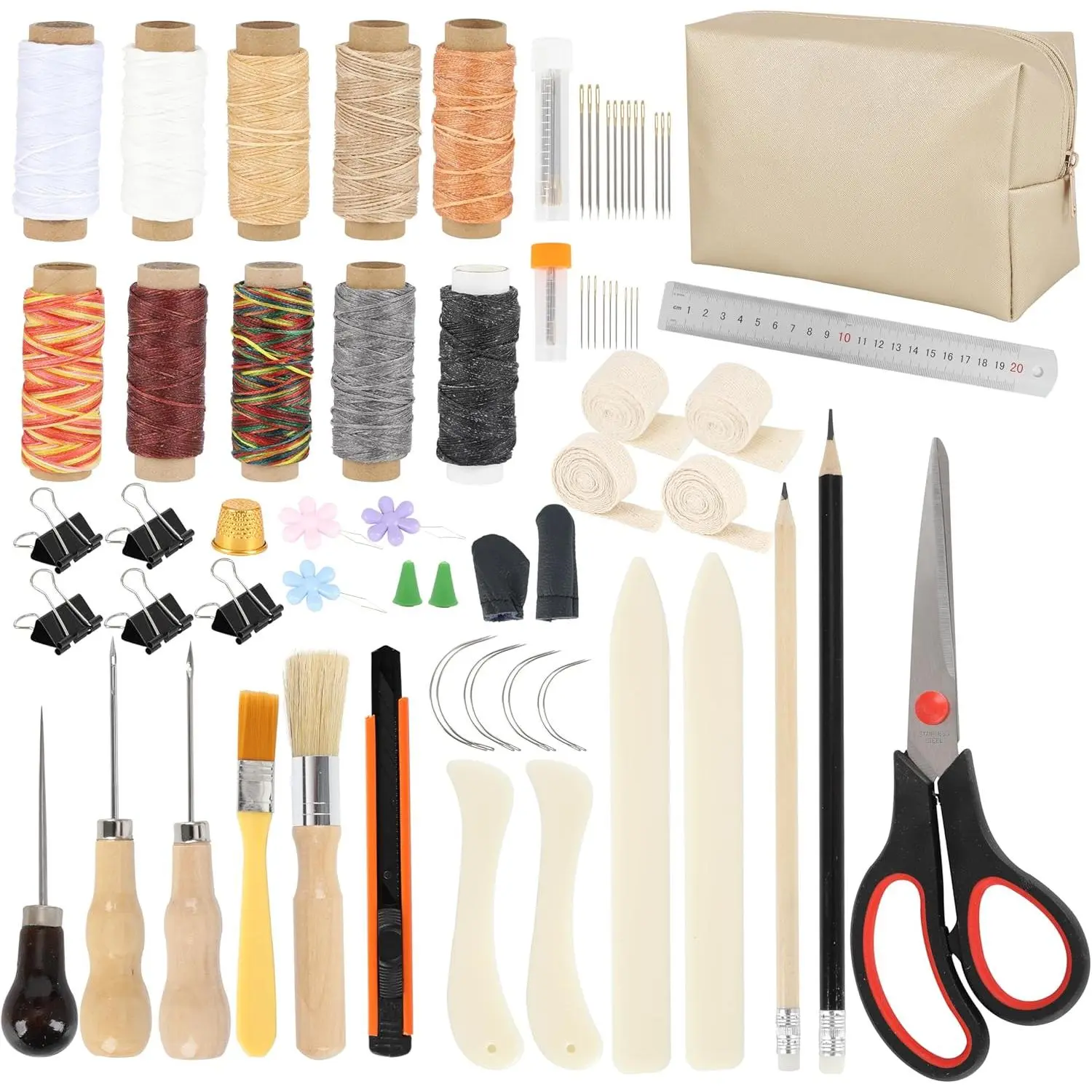 65 count Bookbinding Tools Kit with  Folder, Waxed Thread, Binding Ribbon, Glue Brush, Awl, , Ruler, Storage Bag, and More for DIY Bookbinding, Paper Crafts, and Book Repair