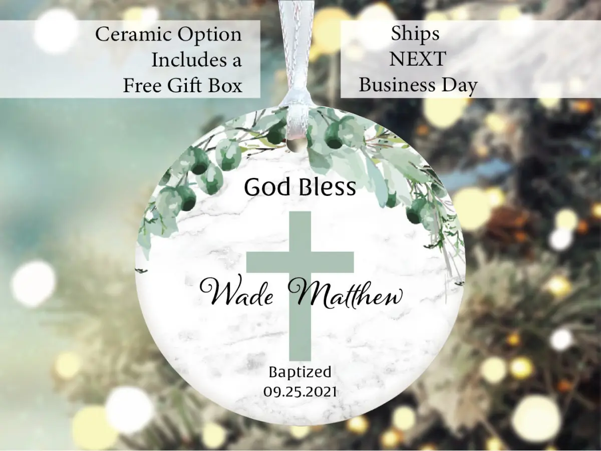 Personalized Baptism Ceramic Ornament with Name and Date, Green Ivy Cross Porcelain Keepsake Ornament, Boys Baptism Gift, Girls Baptism Gift