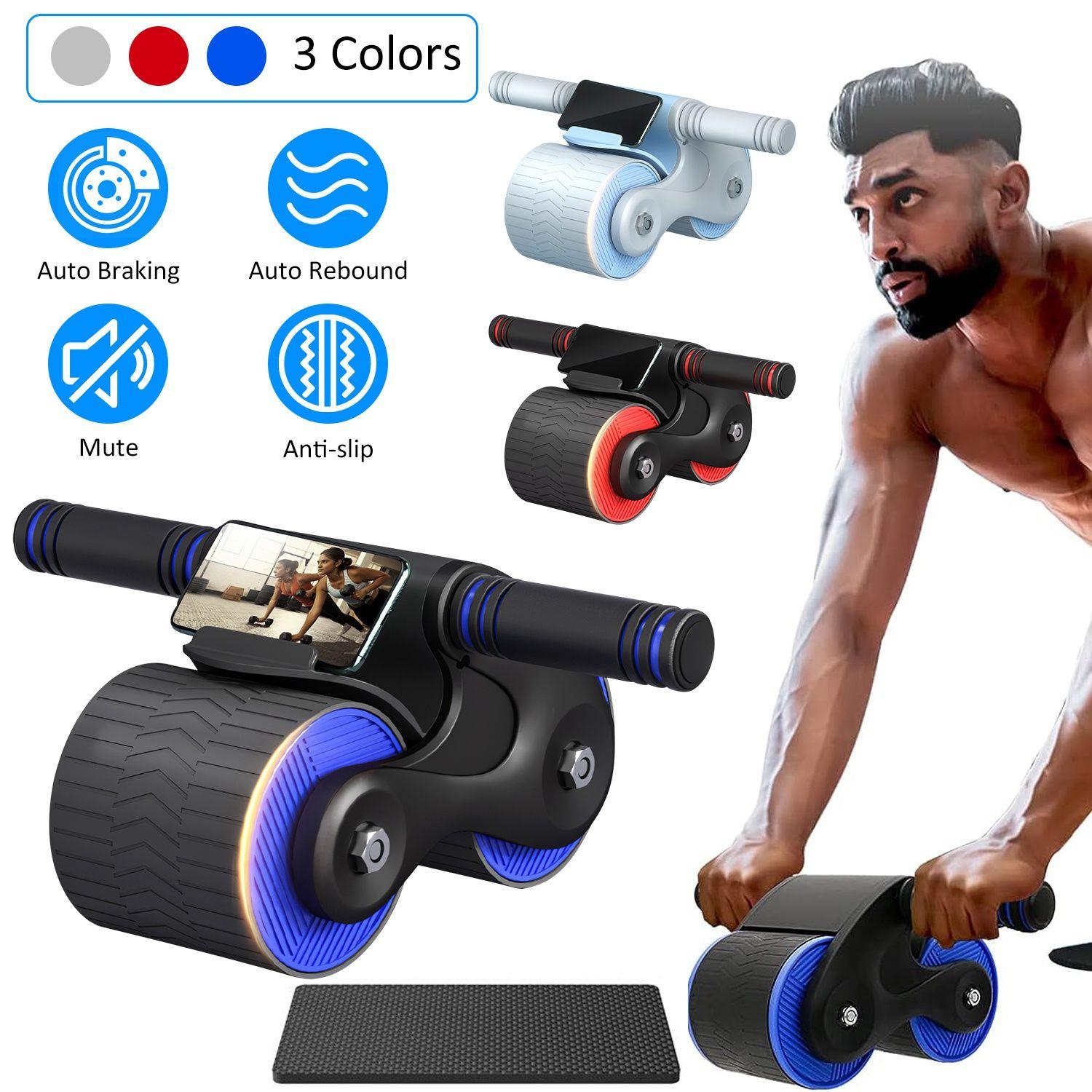 Automatic Rebound Abdominal Wheel Anti-slip AB Roller Wheel with Kneel Pad Phone Holder Home Gym Abdominal Exerciser for Men Women