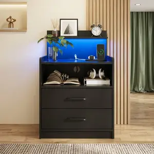 Modern LED Nightstand with Charging Station 2 Drawers Open Storage Bedside Table Built-in USB Ports Power Outlets Adjustable RGB Light Wooden End Side Table for Bedroom Home Decor