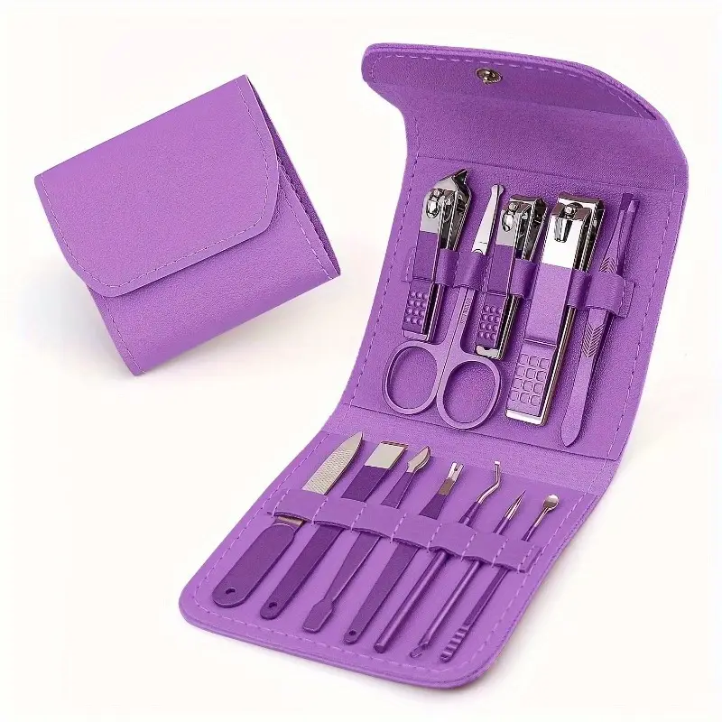 A 12-piece set of nail clippers for both men and women, with sharp edges precisely cut, ergonomically designed for comfort, and a bonus purple leather