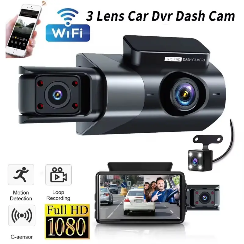 3 Lens Dash Cam with 1080 P Resolution Loop Recording Night Vision Car Dash Cam Triple Lens Car Camera Super Hd