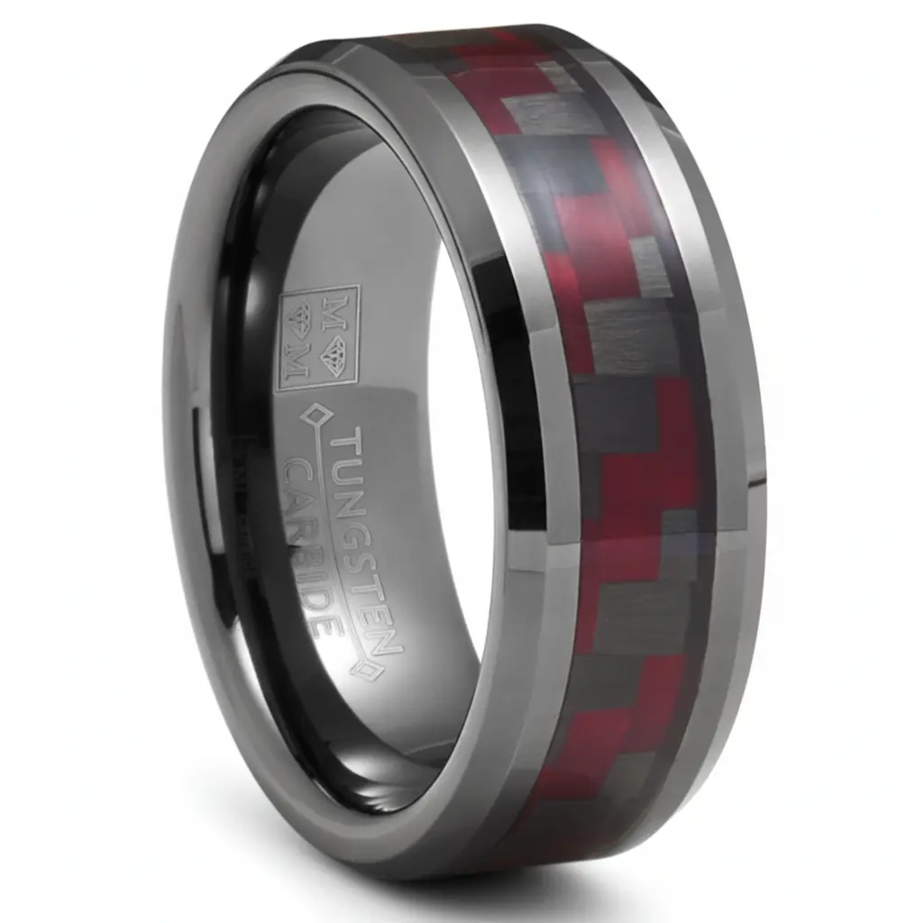 Men's Hypoallergenic Gunmetal Tungsten Carbide Wedding Band, 8MM with Black and Red Carbon Fiber Inlay, Hypoallergenic Wedding Ring