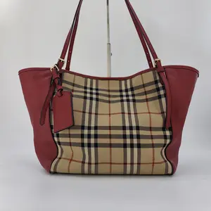 Pre-owned BURBERRY Canvas Tote Bags Red Leather Horseferry Check Small Canterbury Tote Bag BF00289