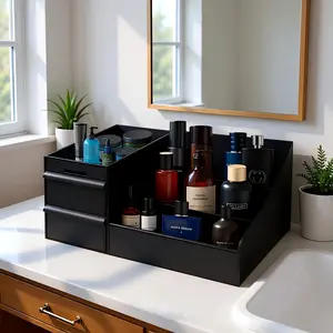 Premium Black Desktop Organizer with 7 Compartments & 2 Extra-Deep Drawers for Perfumes Shaving Tools Skincare Waterproof Easy to Clean Ideal Gift for Him