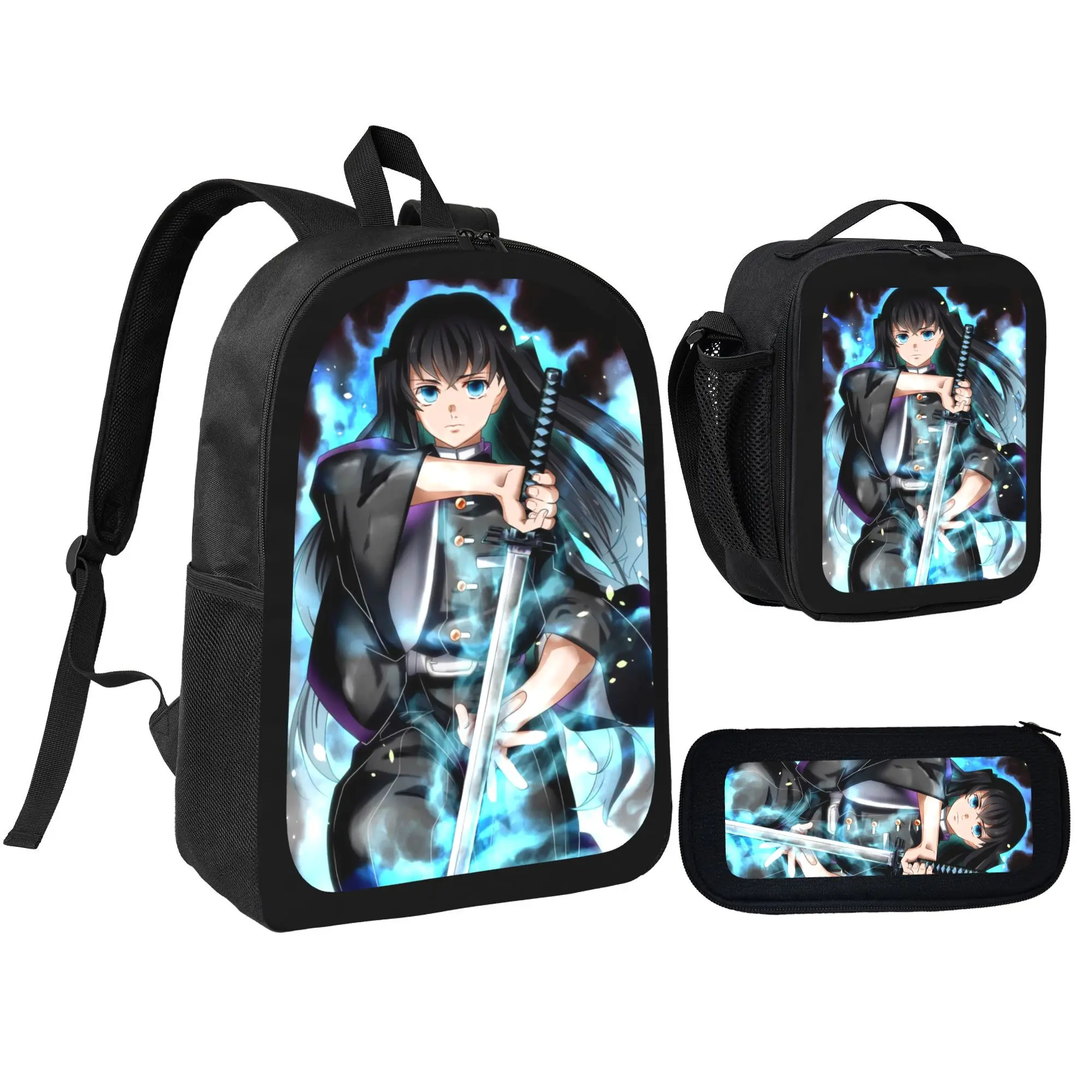 Demon Slayer Fan Gift Set - 3-Piece Backpack, Lunch Box & Pencil Pouch, Durable Polyester, Perfect for Kids Aged 6-14, Featuring Iconic Anime Characters